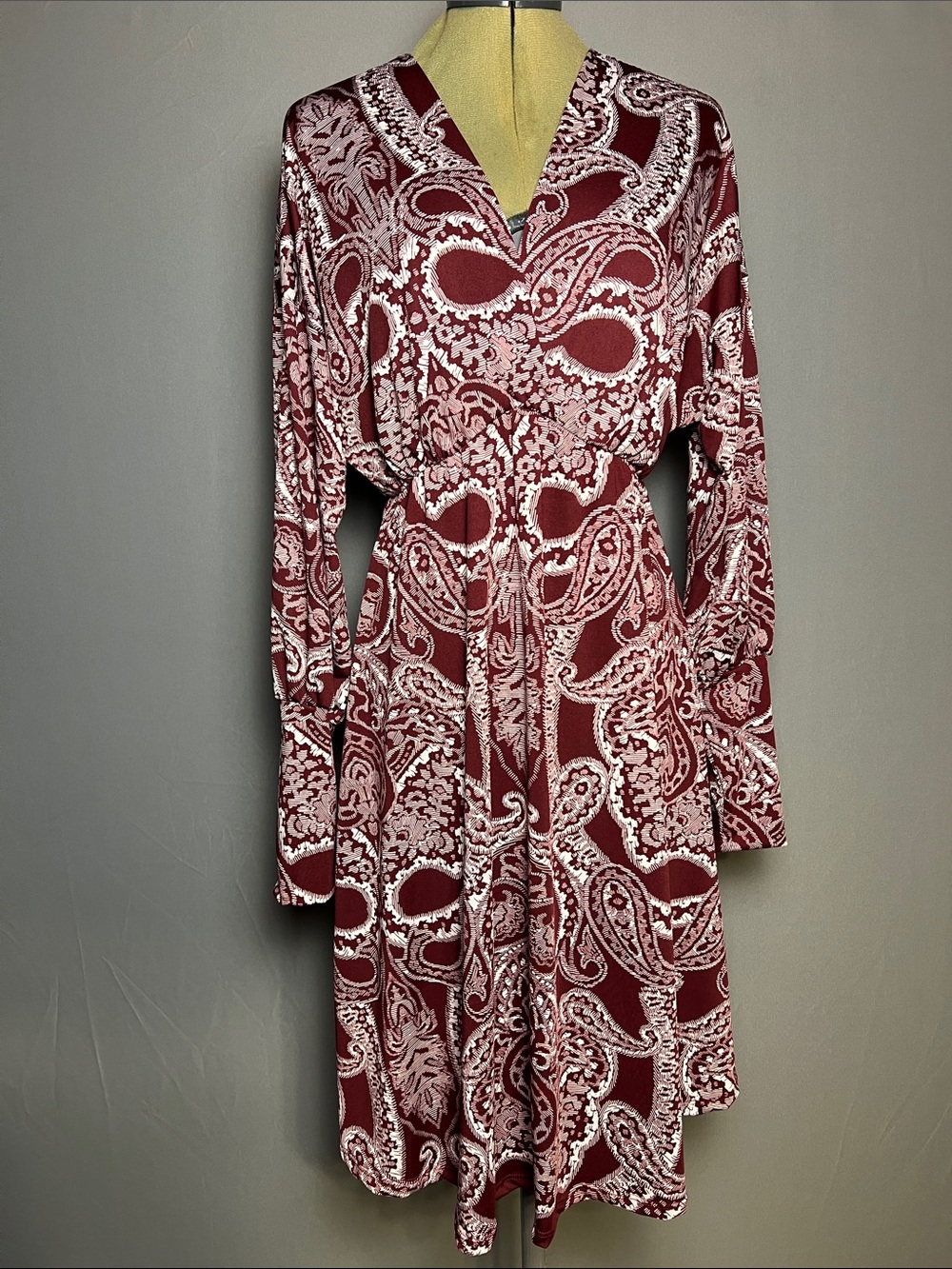 Women’s Burgundy Paisley Long-Sleeve Dress
